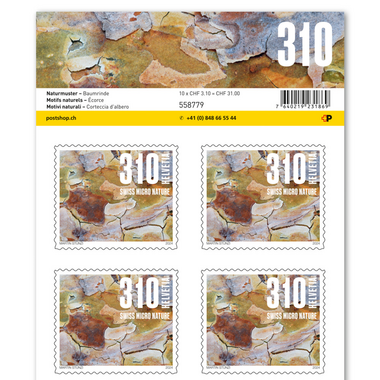 Stamps CHF 3.10 «Tree bark», Sheet with 10 stamps Sheet «Natural patterns», self-adhesive, mint