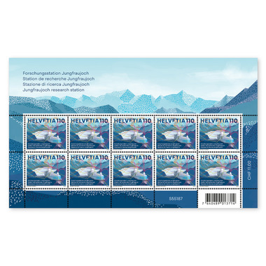 Briefmarken CHF 1.10 «Forschungsstation Jungfraujoch», Kleinbogen mit 10 Marken Bogen «Forschungsstation Jungfraujoch», gummiert, ungestempelt