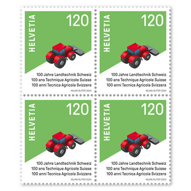 Bloc de quatre «100 ans Technique Agricole Suisse» Bloc de quatre (4 timbres, valeur d'affranchissement CHF 4.80), gommé, non oblitéré