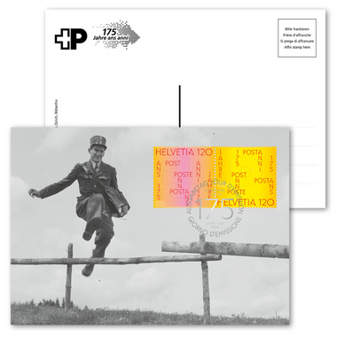Cartolina maximum «175 anni della Posta» Cartolina illustrata non affrancata A6, con francobolli incollati e annullati sul recto «175 anni della Posta»