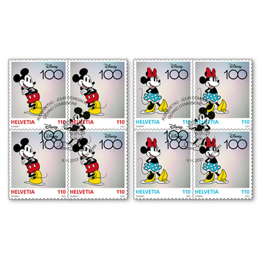 Serie de blocs de quatre «100 ans Disney» Série de blocs de quatre (8 timbres, valeur d'affranchissement CHF 8.80), autocollant, oblitéré