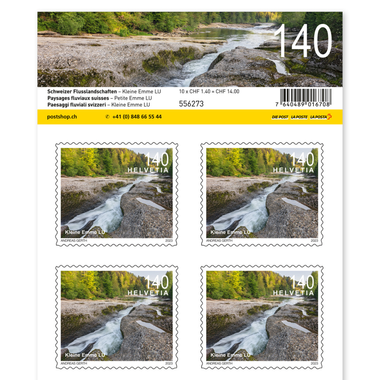 Timbres CHF 1.40 «Petite Emme LU», Feuille de 10 timbres Feuille «Paysages fluviaux suisses», autocollant, non oblitéré
