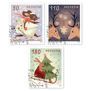 Francobolli Serie «Natale – Auguri gioiosi» Serie (3 francobolli, valore facciale CHF 3.80), autoadesiva, con annullo
