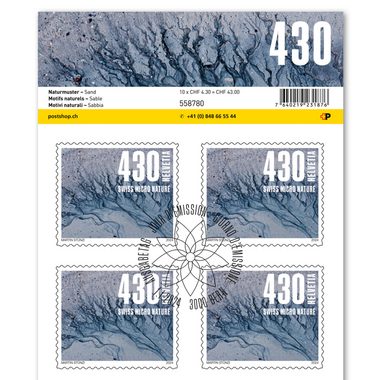 Briefmarken CHF 4.30 «Sand», Bogen mit 10 Marken Bogen «Naturmuster», selbstklebend, gestempelt