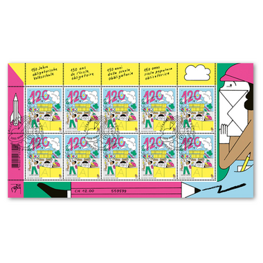 Briefmarken CHF 1.20 «150 Jahre obligatorische Volksschule», Kleinbogen mit 10 Marken Bogen «150 Jahre obligatorische Volksschule», selbstklebend, gestempelt