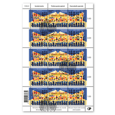 Briefmarken CHF 1.00 «100 Jahre Welttheater Einsiedeln», Bogen mit 5 Marken Bogen «100 Jahre Welttheater Einsiedeln», gummiert, gestempelt