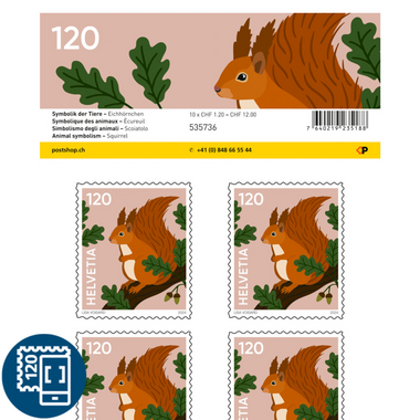 Briefmarken CHF 1.20 «Eichhörnchen», Bogen mit 10 Marken Bogen «Symbolik der Tiere», selbstklebend, ungestempelt