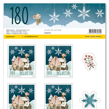 Timbres CHF 1.80 «Village», Feuille de 10 timbres Feuille «Noël – Cristaux de neige», autocollant, non oblitéré