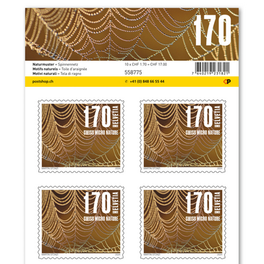 Stamps CHF 1.70 «Spiderweb», Sheet with 10 stamps Sheet «Natural patterns», self-adhesive, mint