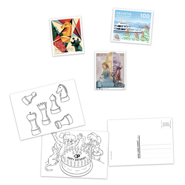 «Phila & Franco» stamp set for children, FR, 1/24 20-page set, 6 Stamps (postage value CHF 7.50, 2 cancelled, 4 mint), 3 Postcards