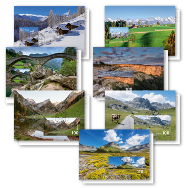 Set di cartoline maximum «Il tipico paesaggio svizzero 2013-2023» Set di 7 cartoline illustrate non affrancate A6, con francobolli incollati e annullati sul recto (valore facciale CHF 10.10)