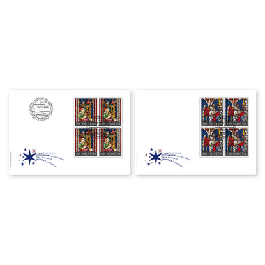 Enveloppe du jour d'émission «Noël – Art sacré» Série de blocs de quatre (8 timbres, valeur d'affranchissement CHF 13.60) sur 2 enveloppes du jour d'émission (FDC) C6