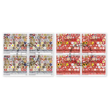 Série de blocs de quatre «Pro Patria – 100 ans de l’insigne du 1er août» Série de blocs de quatre (8 timbres, valeur d'affranchissement CHF 8.00+4.00), gommé, oblitéré