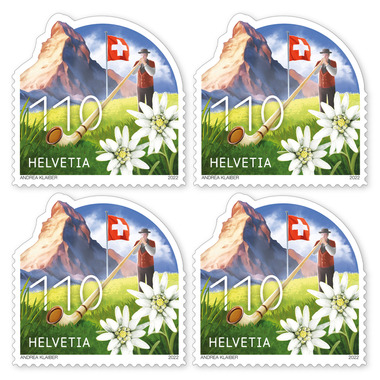 Viererblock «Typisch Schweiz» Viererblock (4 Marken, Taxwert CHF 4.40), selbstklebend, ungestempelt