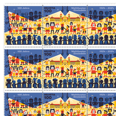 Francobolli CHF 1.00 «100 anni Teatro del mondo di Einsiedeln», Foglio da 5 francobolli Foglio «100 anni Teatro del mondo di Einsiedeln», gommatura, senza annullo