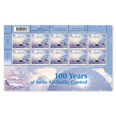 Timbres CHF 2.10 «100 ans du service de la sécurité aérienne suisse», Feuille miniature de 10 timbres Feuille «100 ans du service de la sécurité aérienne suisse», autocollant, non oblitéré