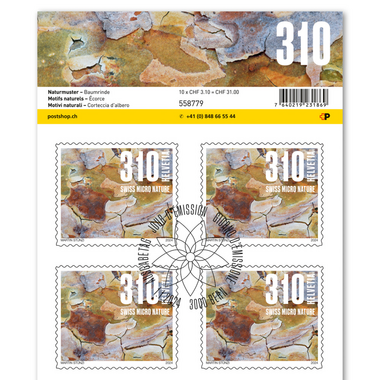 Briefmarken CHF 3.10 «Baumrinde», Bogen mit 10 Marken Bogen «Naturmuster», selbstklebend, gestempelt