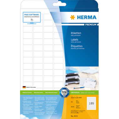 HERMA Étiquettes PREMIUM 25.4x10mm 4333 blanc,perm. 4725 pcs./25 flls.