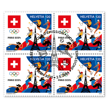 Bloc de quatre «Jeux Olympiques d’été Paris 2024» Bloc de quatre (4 timbres, valeur d'affranchissement CHF 4.80), autocollant, oblitéré