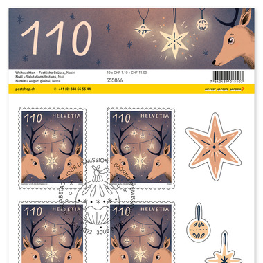 Timbres CHF 1.10 «Nuit», Feuille de 10 timbres Feuille «Noël – Salutations festives», autocollant, oblitéré