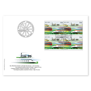 Busta primo giorno «Trasporti pubblici» Quartina (4 francobolli, valore facciale CHF 4.40)su busta primo giorno (FDC) C6