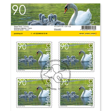 Timbres CHF 0.90 «Cygne», Feuille de 10 timbres Feuille «Animaux mignons», autocollant, oblitéré