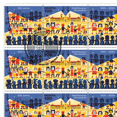 Francobolli CHF 1.00 «100 anni Teatro del mondo di Einsiedeln», Foglio da 5 francobolli Foglio «100 anni Teatro del mondo di Einsiedeln», gommatura, con annullo
