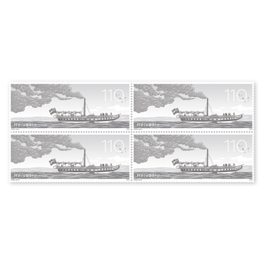 Bloc de quatre «200 ans de navigation à vapeur en Suisse» Bloc de quatre (4 timbres, valeur d'affranchissement CHF 4.40), gommé, non oblitéré