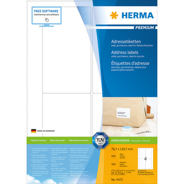 HERMA ÉtiquettesPREMIUM 78.7x139.7mm 4472 blanc,perm. 400 pcs./100 flls.