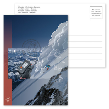 Maximumkarte «Schweizer Erfindungen – Barryvox» Unfrankierte Ansichtskarte A6 mit auf der Bildseite aufgeklebtem und gestempeltem Sonderblock «Schweizer Erfindungen – Barryvox»