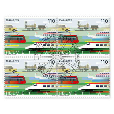 Bloc de quatre «Transports publics» Bloc de quatre (4 timbres, valeur d'affranchissement CHF 4.40), gommé, oblitéré