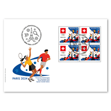 Busta primo giorno «Giochi Olimpici estivi Paris 2024» Quartina (4 francobolli, valore facciale CHF 4.80) su busta primo giorno (FDC) C6