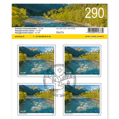 Stamps CHF 2.90 «Inn GR», Sheet with 10 stamps Sheet «Swiss river landscapes», self-adhesive, cancelled