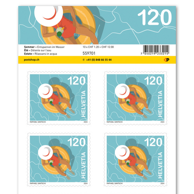 Briefmarken CHF 1.20 «Entspannen im Wasser», Bogen mit 10 Marken Bogen «Sommer», selbstklebend, ungestempelt