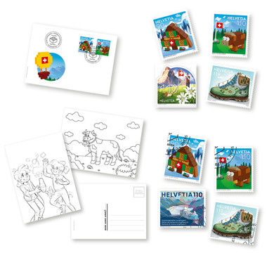 «Phila & Franco» stamp set for children, DE, 4/22 20-page set, 1 First-day cover, 8 Stamps (4 cancelled, 4 mint), 3 Postcards