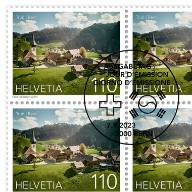 Timbres CHF 1.10 «Trub, Bern», Feuille de 16 timbres Feuille «Émission commune Suisse – République de Corée», gommé, oblitéré