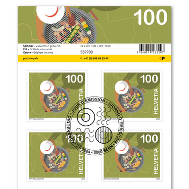 Timbres CHF 1.00 «Grillade entre amis», Feuille de 10 timbres Feuille «Été», autocollant, oblitéré