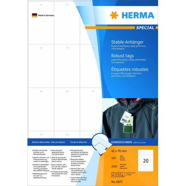 HERMA Etichette pendenti 41x70mm 6871 bianco 2000 pezzi