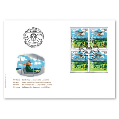 Enveloppe du jour d'émission «100 ans du vol spécial La Caquerelle–Lausanne» Bloc de quatre (4 timbres, valeur d'affranchissement CHF 4.80) sur enveloppe du jour d'émission (FDC) C6