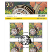 Stamps CHF 0.90 «Snail», Sheet with 10 stamps Sheet «Animals in their habitats», self-adhesive, cancelled
