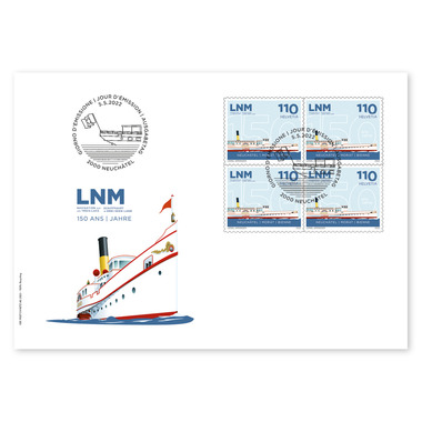 First-day cover «150 years LNM Navigation on the Three Lakes» Blocks of four (4 stamps, postage value CHF 4.40) on first-day cover (FDC) C6