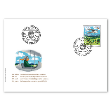 Enveloppe du jour d'émission «100 ans du vol spécial La Caquerelle–Lausanne» Timbre isolé (1 timbre, valeur d'affranchissement CHF 1.20) sur enveloppe du jour d'émission (FDC) C6