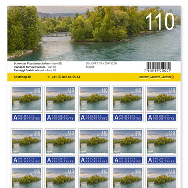 Briefmarken CHF 1.10 «Aare BE», Bogen mit 50 Marken Bogen «Schweizer Flusslandschaften», selbstklebend, ungestempelt