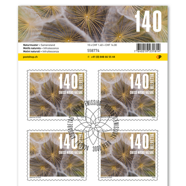 Stamps CHF 1.40 «Seedhead», Sheet with 10 stamps Sheet «Natural patterns», self-adhesive, cancelled