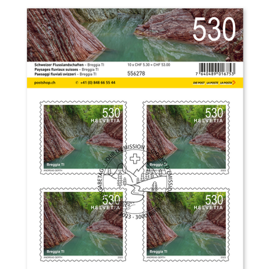 Stamps CHF 5.30 «Breggia TI», Sheet with 10 stamps Sheet «Swiss river landscapes», self-adhesive, cancelled