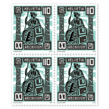 Bloc de quatre «100 ans de l’Association des archivistes suisses» Bloc de quatre (4 timbres, valeur d'affranchissement CHF 4.40), gommé, non oblitéré
