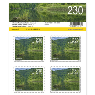 Briefmarken CHF 2.30 «Doubs JU», Bogen mit 10 Marken Bogen «Schweizer Flusslandschaften», selbstklebend, ungestempelt