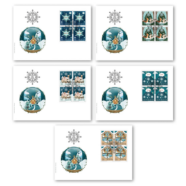 Enveloppe du jour d'émission «Noël – Cristaux de neige» Blocs de quatre (20 timbres, valeur d'affranchissement CHF 32.80) sur 5 enveloppes du jour d'émission (FDC) C6