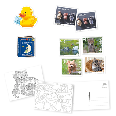 «Phila & Franco» stamp set for children, IT, 2/23 20-page set, 8 Stamps (postage value CHF 8.40, 1 cancelled, 7 mint), 3 Postcards