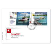 Stamp Day 2021 Horgen, stamped special cover USPS C6 Union of Swiss Philatelic Societies (USPS) special cover C6, franked with the miniature sheet“Stamp Day 2021 Horgen” and cancelled with the special cancellation «8810 Horgen 25.-27.11.2021»
